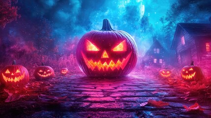 3D Render of Halloween Pumpkins and Haunted House for Spooky Atmosphere
