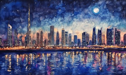 Watercolor the business bay of dubai at night
