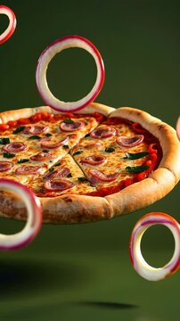 Delicious pepperoni pizza floating with onion rings in vibrant background