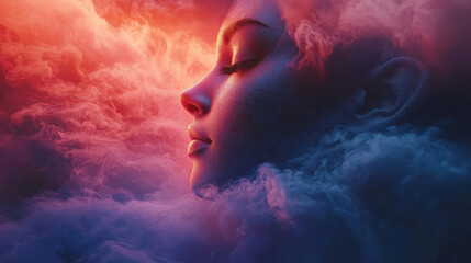 Ethereal Beauty in a Dreamy Cloudscape with Colorful Swirls of Red and Blue Light Accentuating the Serene Face of a Woman Lost in Thought