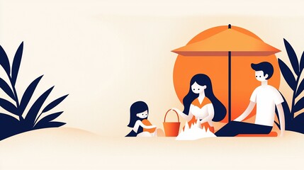 Obraz premium Family on beach with orange umbrella and sun, simple flat vector.