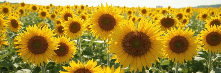 Golden sunflowers in a vibrant summer field, bathed in sunlight, hot,field