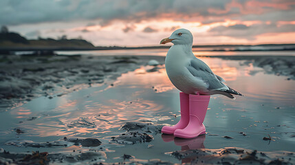 The canvas captures a quirky seagull standing confidently in pink rubber boots amidst serene mudflats, blending humor and nature in a delightful moment