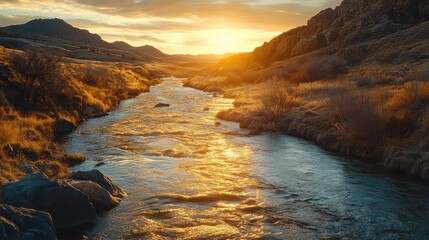 Winding river reflects golden sunset over dramatic mountain landscape