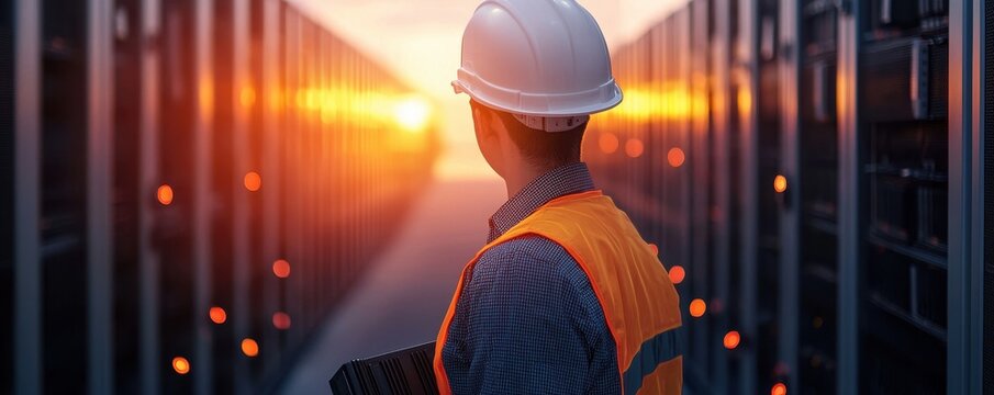 A construction worker in a safety helmet and vest observes a data center at sunset, highlighting a blend of technology and safety.