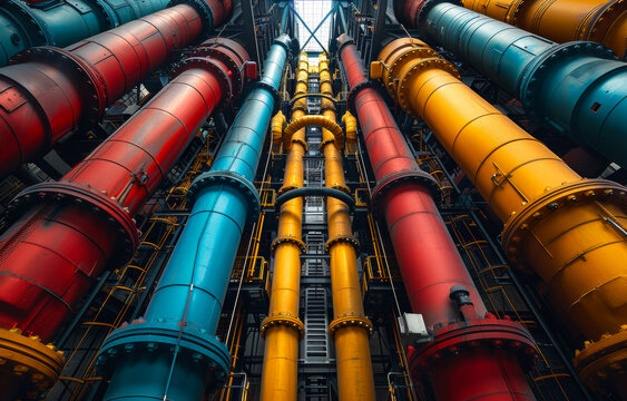 A series of pipes are painted in different colors, including red, yellow, and blue. Concept of industrialization and complexity, as the pipes are arranged in a way that suggests a large