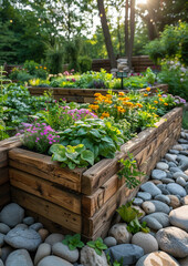 A wooden box with a variety of plants and flowers, including some orange flowers. The box is surrounded by rocks, giving it a natural and rustic feel