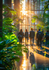 Obraz premium A group of people walking in a building with a green plant in the background. The people are carrying backpacks and handbags