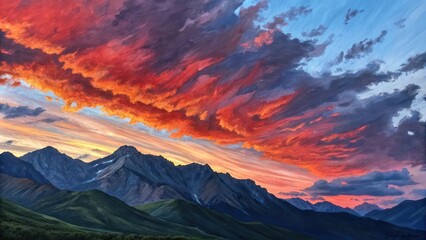Sunset Over Majestic Mountains in Acrylic Painting
