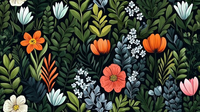 A dark green pattern with various leaves and flowers