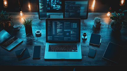Modern Workspace with Laptop, Monitors, Mobile Devices, and Plants in a Stylish Office Setting, Night Shot Exuding a Calm and Productive Atmosphere