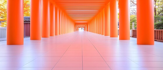 A long hallway with orange pillars