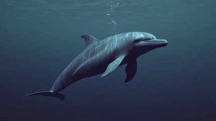 Fototapeta premium A dolphin keeping swimming forward underwater. Side view, glittering realistic 3D rendering cycle animation , isolated on white background, , copy space, copy space for text,