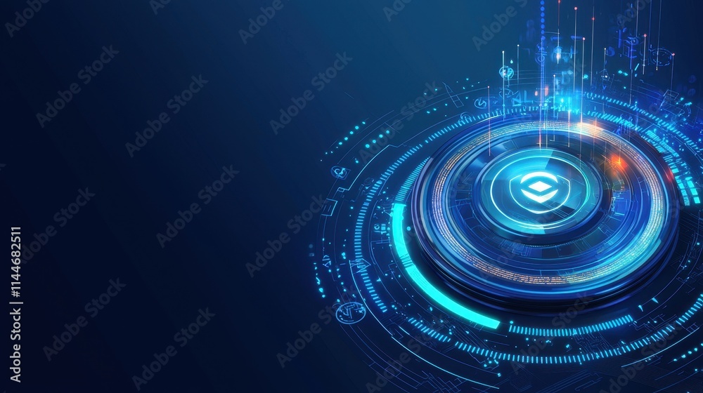 Poster a futuristic digital interface featuring vibrant blue circular patterns and glowing elements, sugges