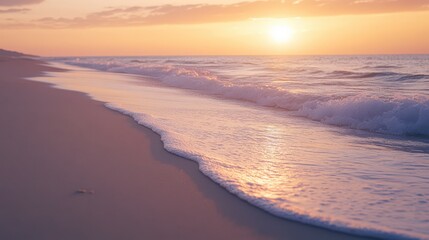Obraz premium Serene sunset over a tranquil beach with gentle waves and soft sand