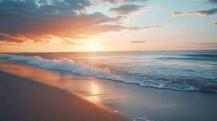 Fototapeta premium Tranquil beachscape at sunset with gentle waves and colorful sky