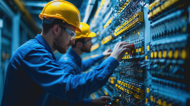Skilled Technicians Working on Industrial Electrical Panel with Yellow Hard Hats in a Modern Facility, Focused on Wiring and Connections