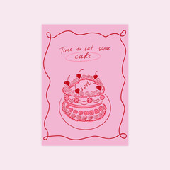 Minimalist hand drawn cake poster for wall art. Girly bakery sweet dessert sketch in elegant trendy retro 90s style, abstract modern print for restaurant cafe decoration. Vector illustration
