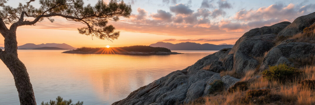 A breathtaking scenic coastal landscape view at sunrise, featuring a pine tree silhouette with mountains and a vibrant sky, radiating tranquility and natural beauty.