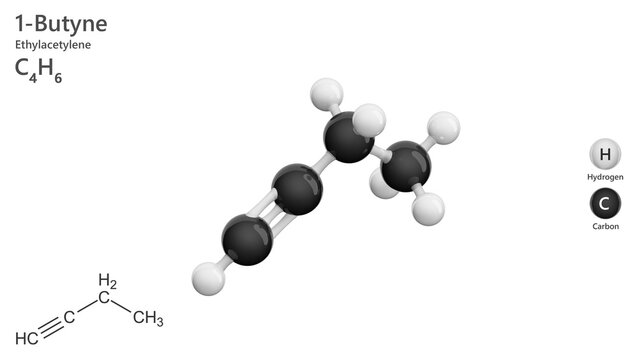 Molecule: 1-Butyne. Alkyne. Gas. Molecular structure. Formula: C4H6. Chemical model: Ball and stick. White background. 3D illustration.
