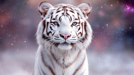 Majestic white tiger portrait against a cosmic backdrop.