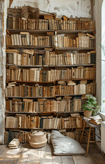 Naklejka premium A large bookcase filled with books is shown with a small white pillow on the floor in front of it.