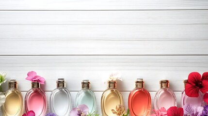 Vividly Placed Glass Perfume Bottles on White Wood Table Top Photo Mockup. AI Generated