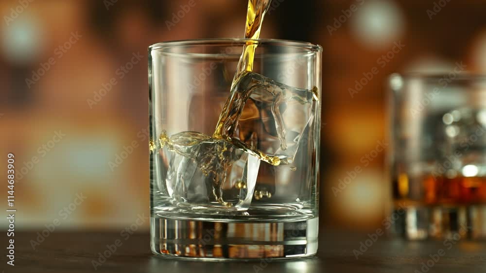Poster super slow motion of pouring whiskey into glass. filmed on high speed cinema camera, 1000 fps. camer