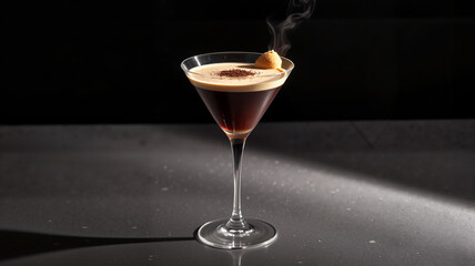 Espresso martini with a foamy top on a dark background