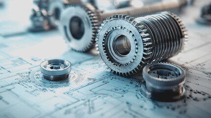 Detailed close-up of mechanical gears on engineering blueprints showcasing intricate design and precision in manufacturing and technology development