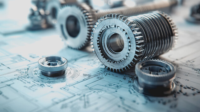 Detailed close-up of mechanical gears on engineering blueprints showcasing intricate design and precision in manufacturing and technology development