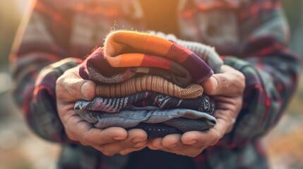 Gentle hands holding a neatly folded stack of clothes ready for donation in a charitable setting