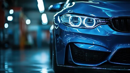 Close up of blue car showcasing sleek design in a well-lit indoor setting