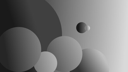 a dynamic arrangement of several spheres of varying sizes, created in a monochromatic color palette of shades ranging from deep gray to brilliant white