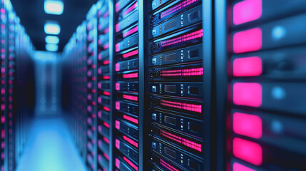 Futuristic Data Center Interior with Rows of Servers Illuminated by Vibrant Pink and Blue Lights Enhancing the Technology Environment