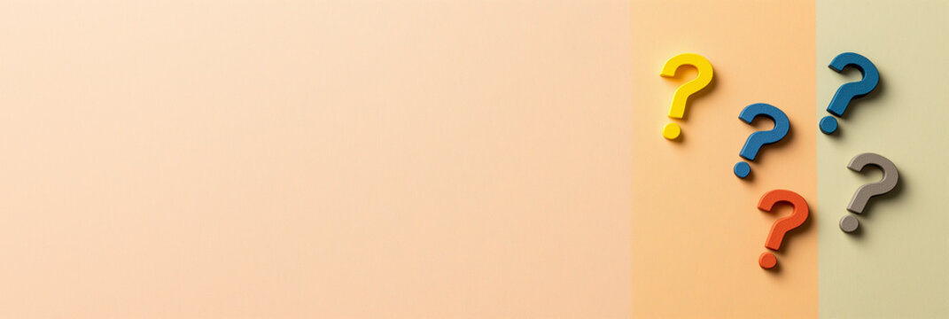 This image features brightly colored question marks set against a gradient pastel background, symbolizing curiosity, inquiry, and the unknown in a whimsical style. - Powered by Adobe