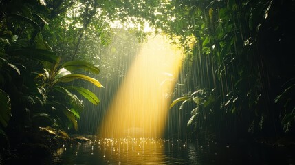 Obraz premium Lush jungle illuminated by sunlight filtering through Dense foliage during a rain shower