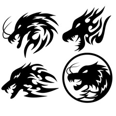black and white tribal dragon tattoo design set