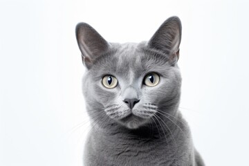 Fototapeta premium Portrait of a cute russian blue cat while standing against white background