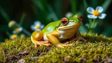 Green Frog with Orange Eyes on Moss - Nature Macro Photography
