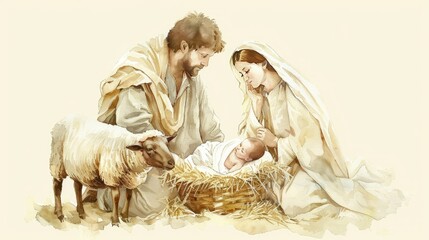Baby Jesus lies in his manger, surrounded by Mary and Joseph
