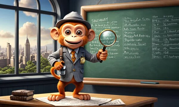 A cartoon monkey is holding a magnifying glass