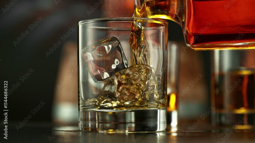Poster super slow motion of pouring whiskey into glass. filmed on high speed cinema camera, 1000 fps. camer