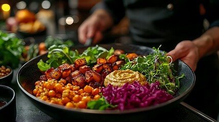Chef preparing a healthy buddha bowl with super foods and healthy smoothies in a cozy kitchen environment