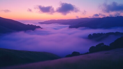 Fototapeta premium Purple Sunset Valley Fog Rolling Hills Landscape Photography Nature