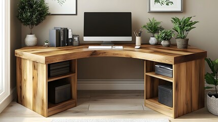 A wooden desk with a computer monitor and a keyboard