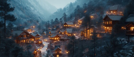 Fototapeta premium Winter village illuminated at night, nestled in a mountain valley with snow-covered roofs and glowing lights