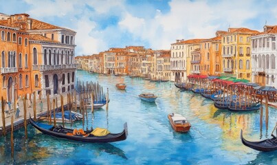 Fototapeta premium Watercolor Beautiful view of the Grand Canal with boats and colorful facades of old medieval houses from the Rialto Bridge in Venice, Italy. Venice is a popular