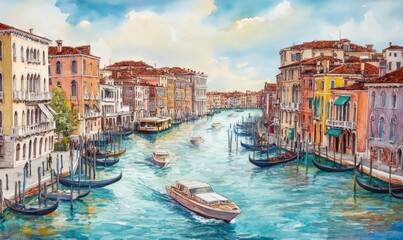 Fototapeta premium Watercolor Beautiful view of the Grand Canal with boats and colorful facades of old medieval houses from the Rialto Bridge in Venice, Italy. Venice is a popular