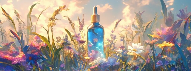 Obraz premium essential oil of flowers and herbs in a bottle. Selective focus.